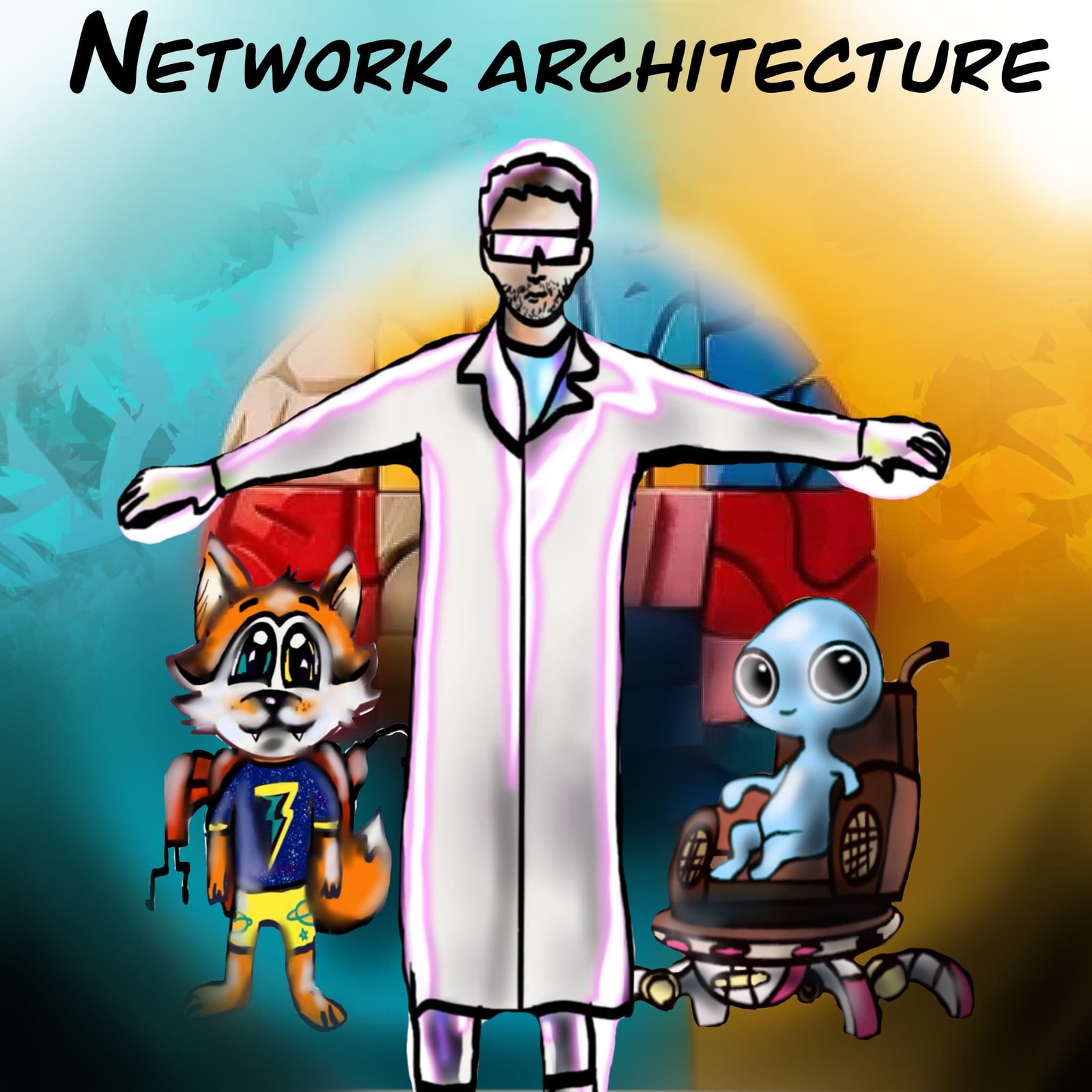 Scientist and mascots introducing network architecture layers