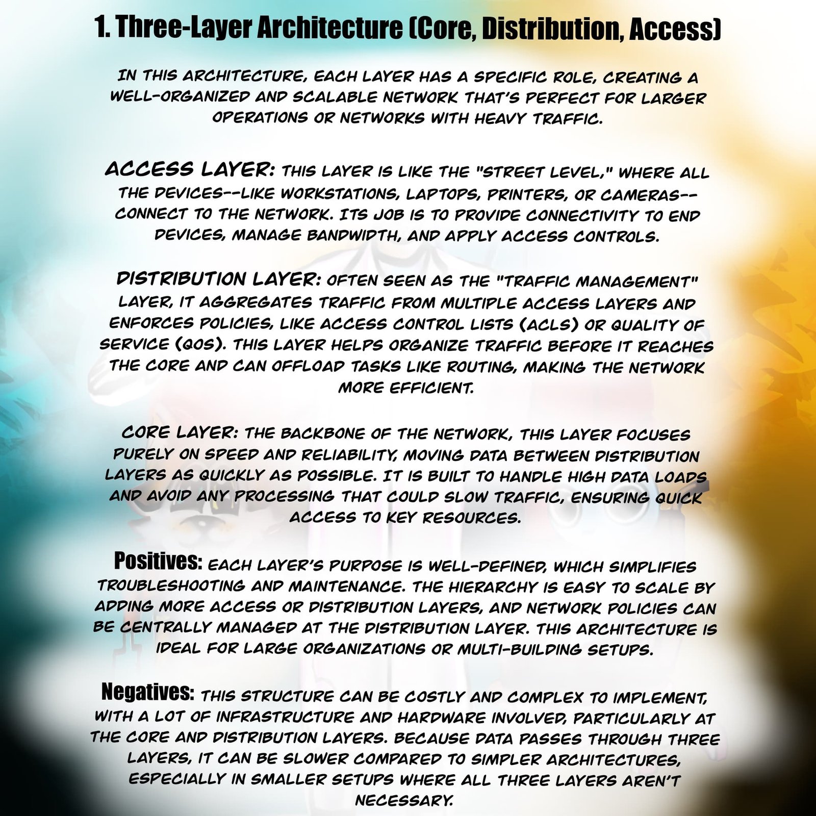 Diagram and text explaining core, distribution, and access layers