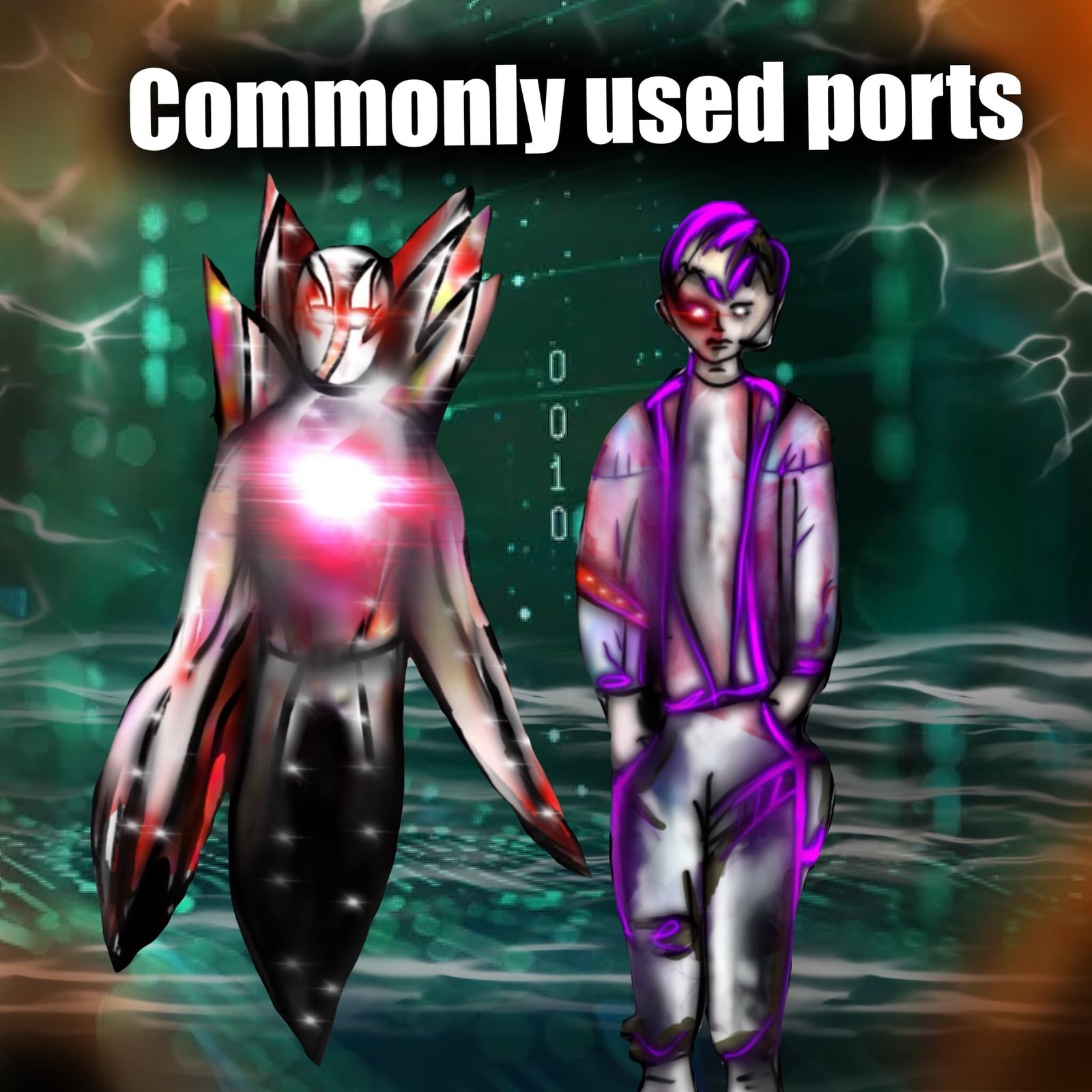 Sci-fi characters standing in front of binary data with the title ‘Commonly used ports’