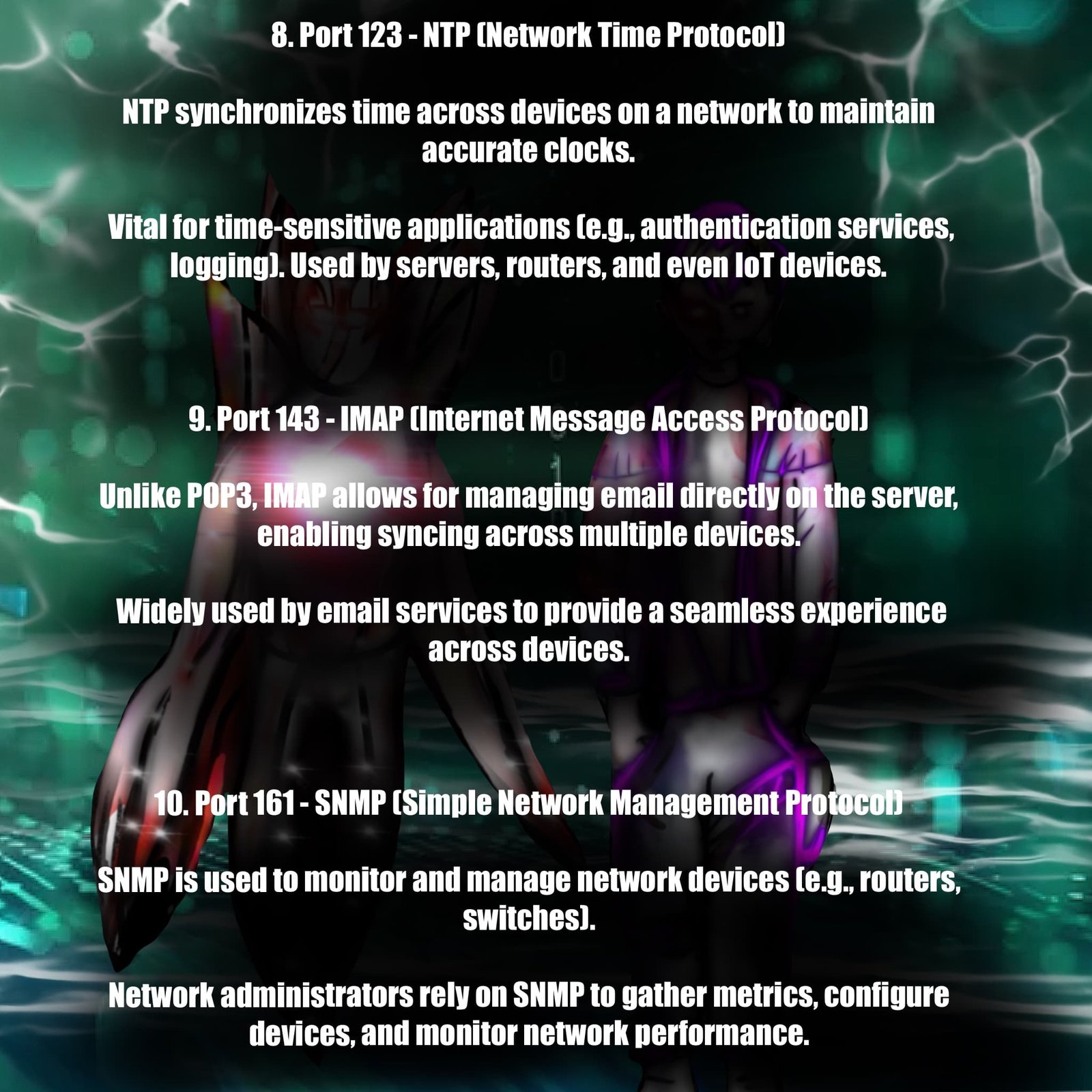 Overview of ports 123 (NTP), 143 (IMAP), 161 (SNMP) against a binary lightning backdrop