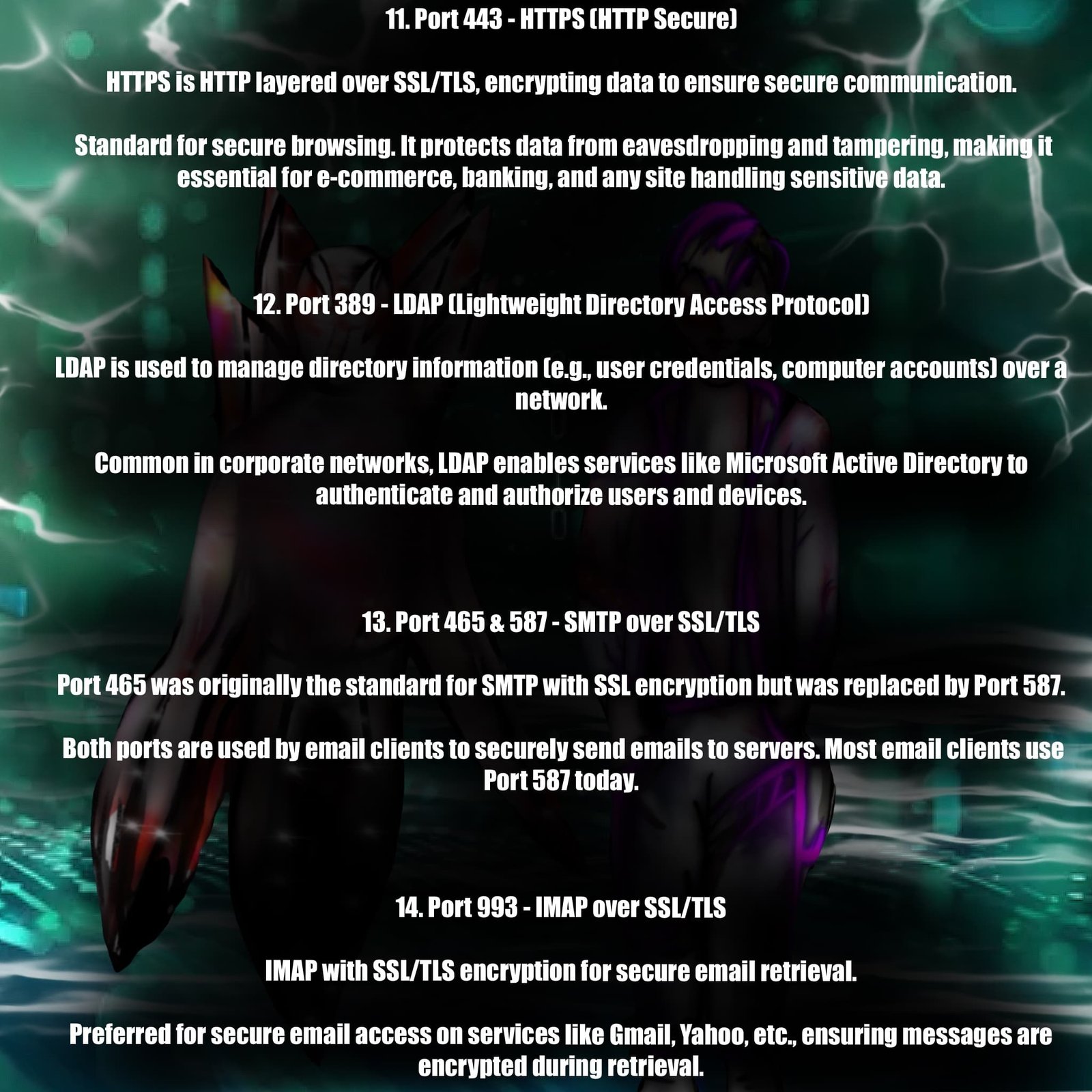 Details on ports 389 (LDAP), 443 (HTTPS), 465/587 (SMTPS), 993 (IMAPS) with sci-fi characters