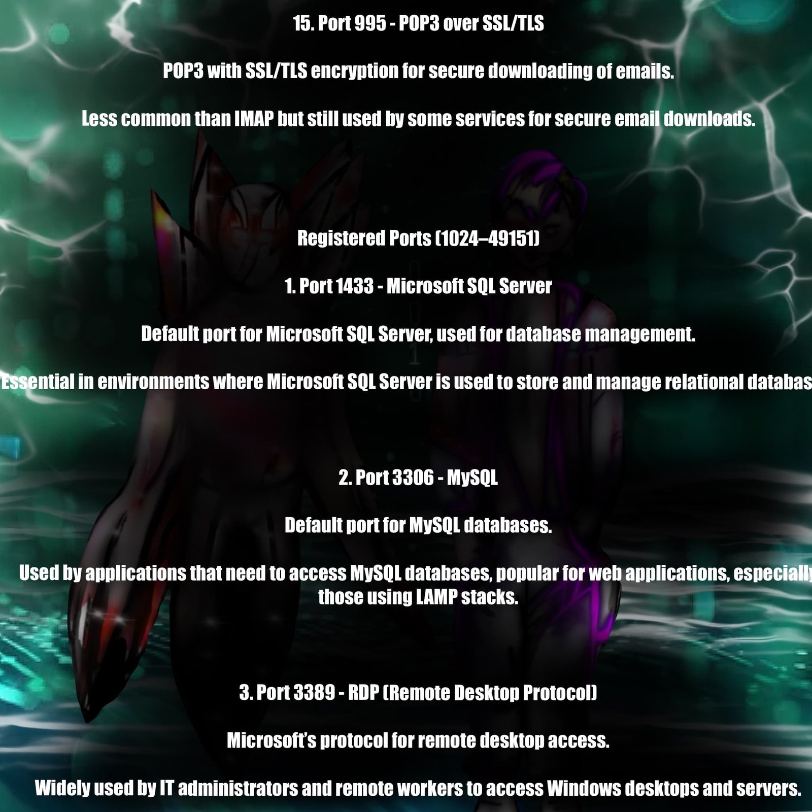 Text on ports 995 (POP3S), 1433 (MSSQL), 3306 (MySQL), 3389 (RDP) in front of futuristic data grid