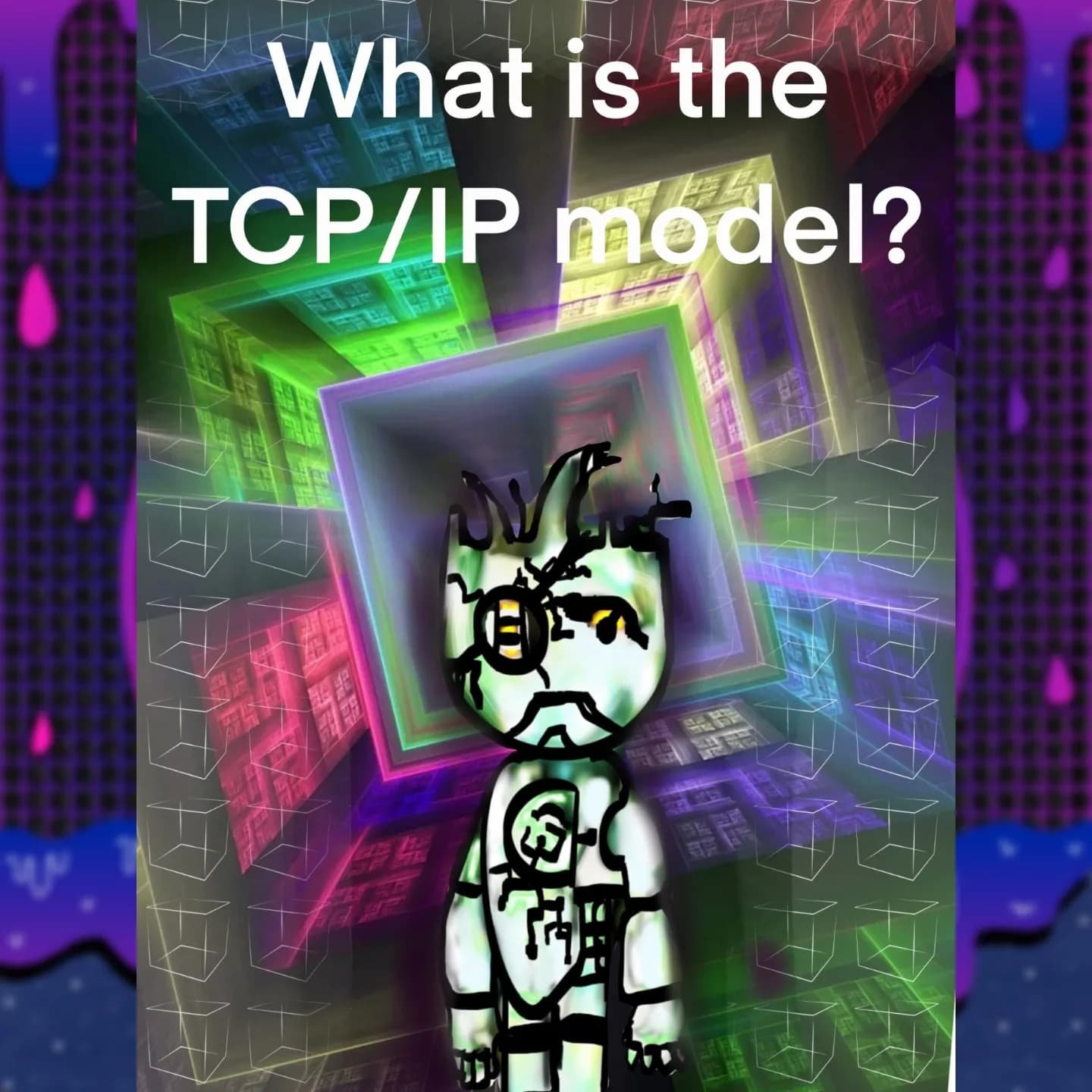 Sci-fi character standing before a neon tunnel with the text ‘What is the TCP/IP model?’