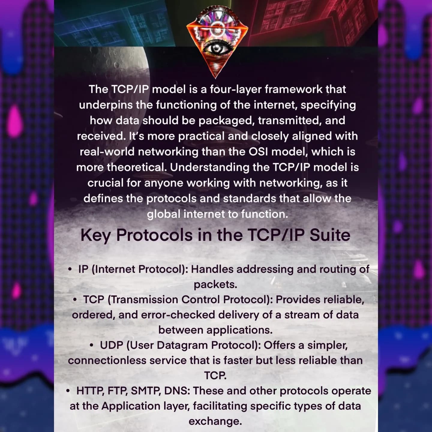 Infographic listing IP, TCP, UDP, HTTP, FTP, SMTP, DNS under the heading ‘Key Protocols in the TCP/IP Suite’