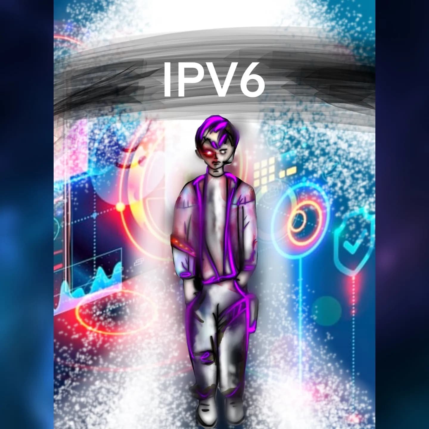 Sci-fi character standing under IPv6 title with futuristic data visuals