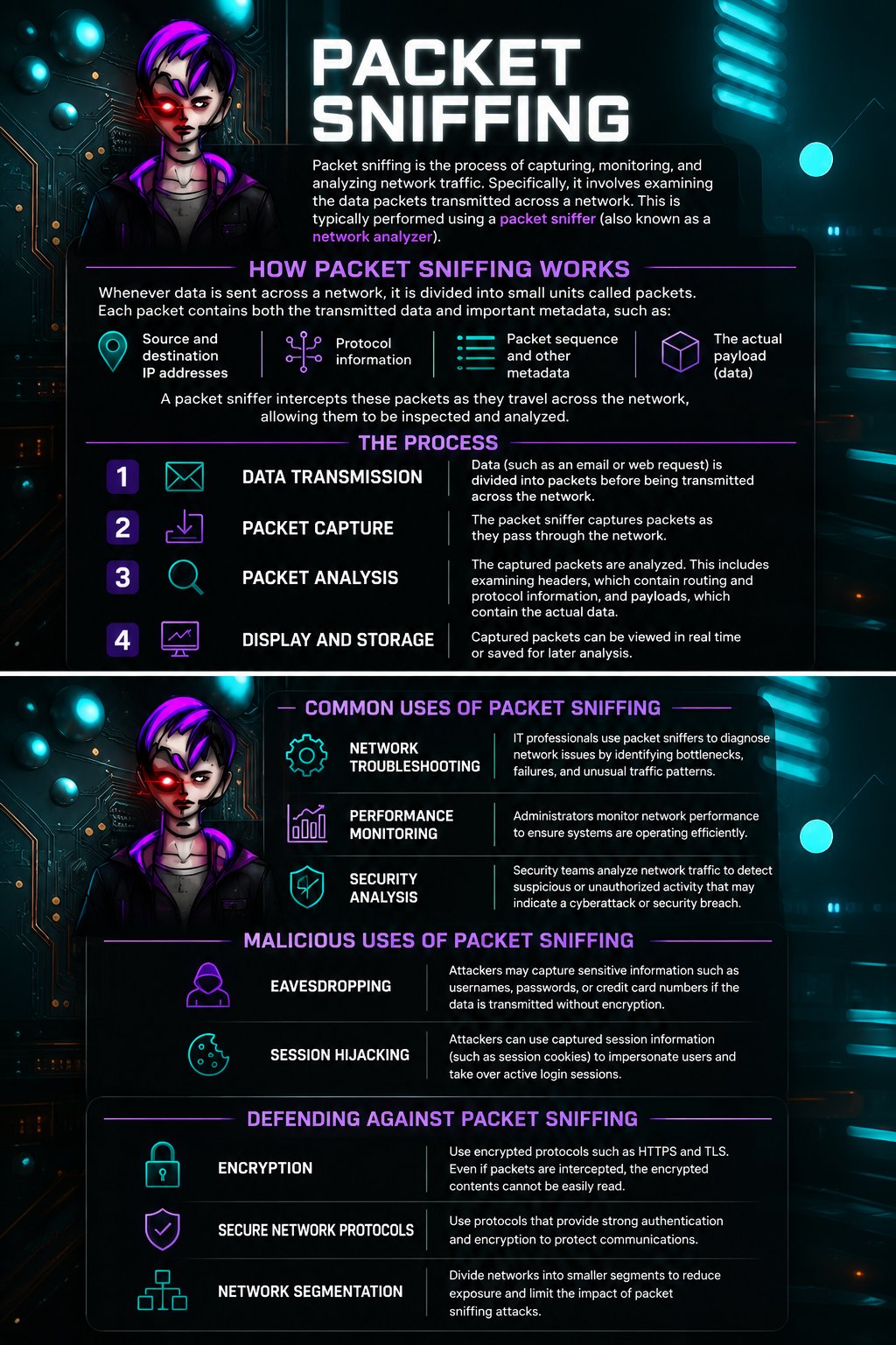 Futuristic circuit-board background with packet sniffing infographic overlay