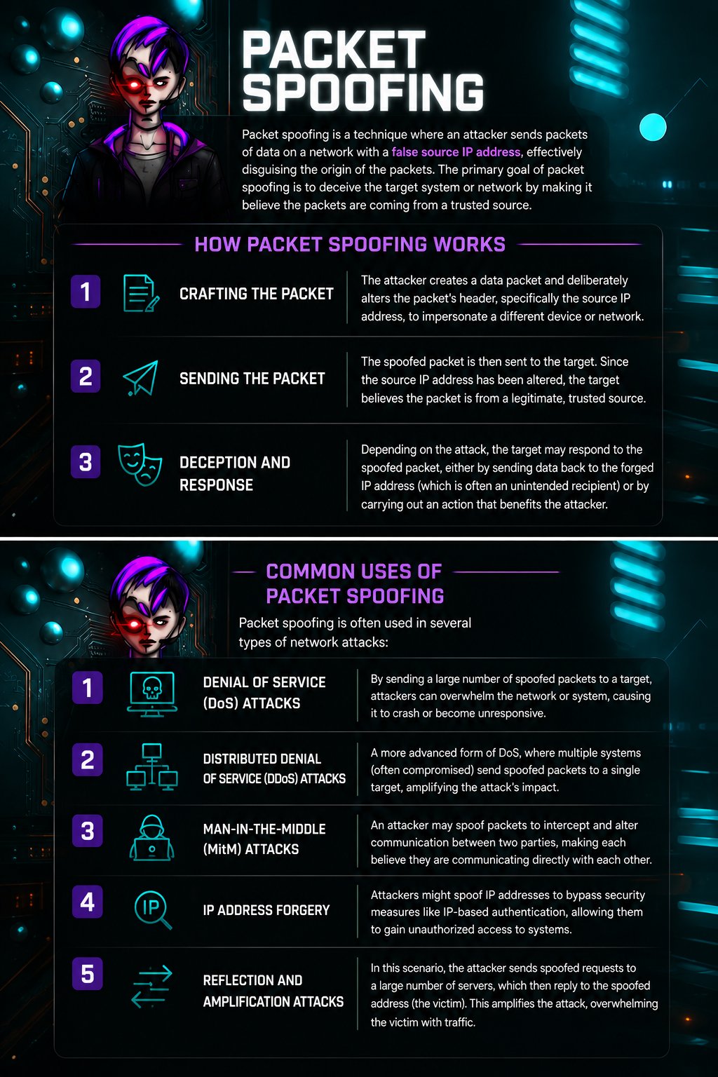 Sci-fi character and data streams illustrating packet spoofing techniques