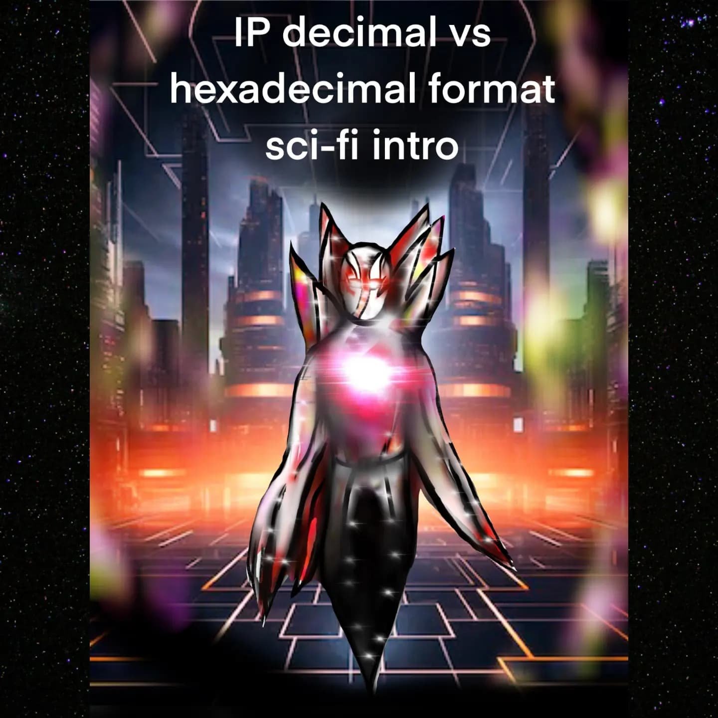 Intro graphic for IP decimal vs hexadecimal with sci-fi motif