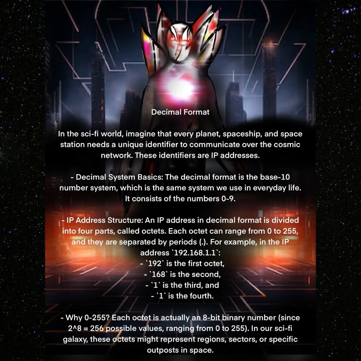 Page explaining decimal format of IP addresses with sci-fi city background and character