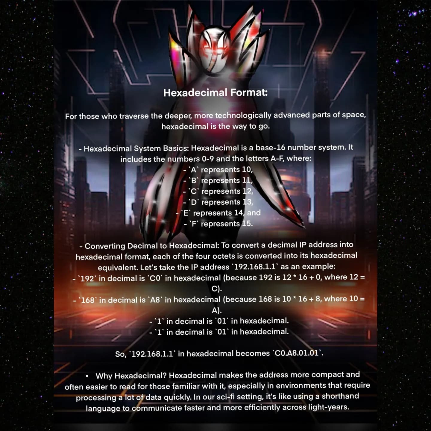 Futuristic background detailing hexadecimal IP conversion with glowing character