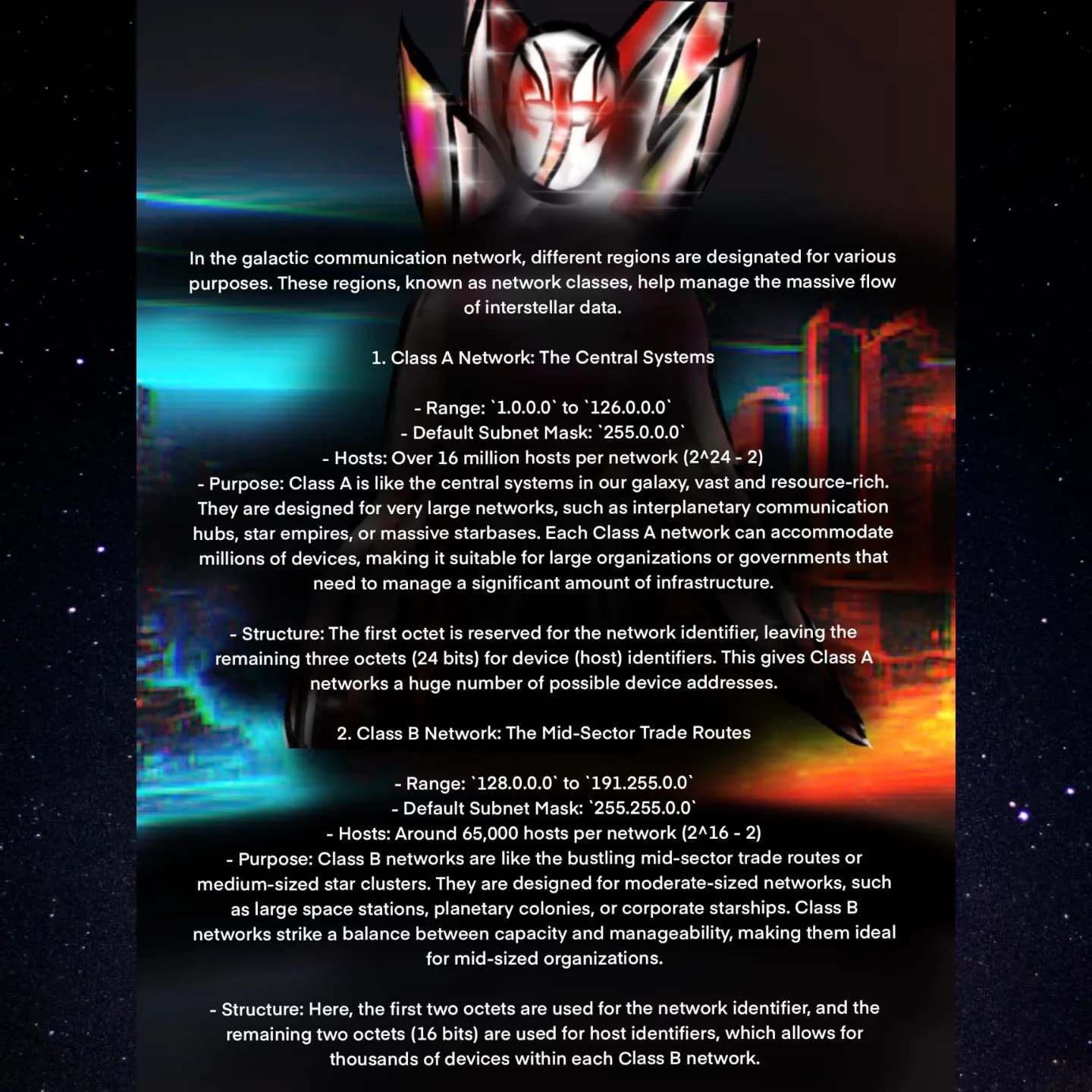 Text and sci-fi background detailing Class A (1.0.0.0–126.0.0.0) and Class B (128.0.0.0–191.255.0.0) networks