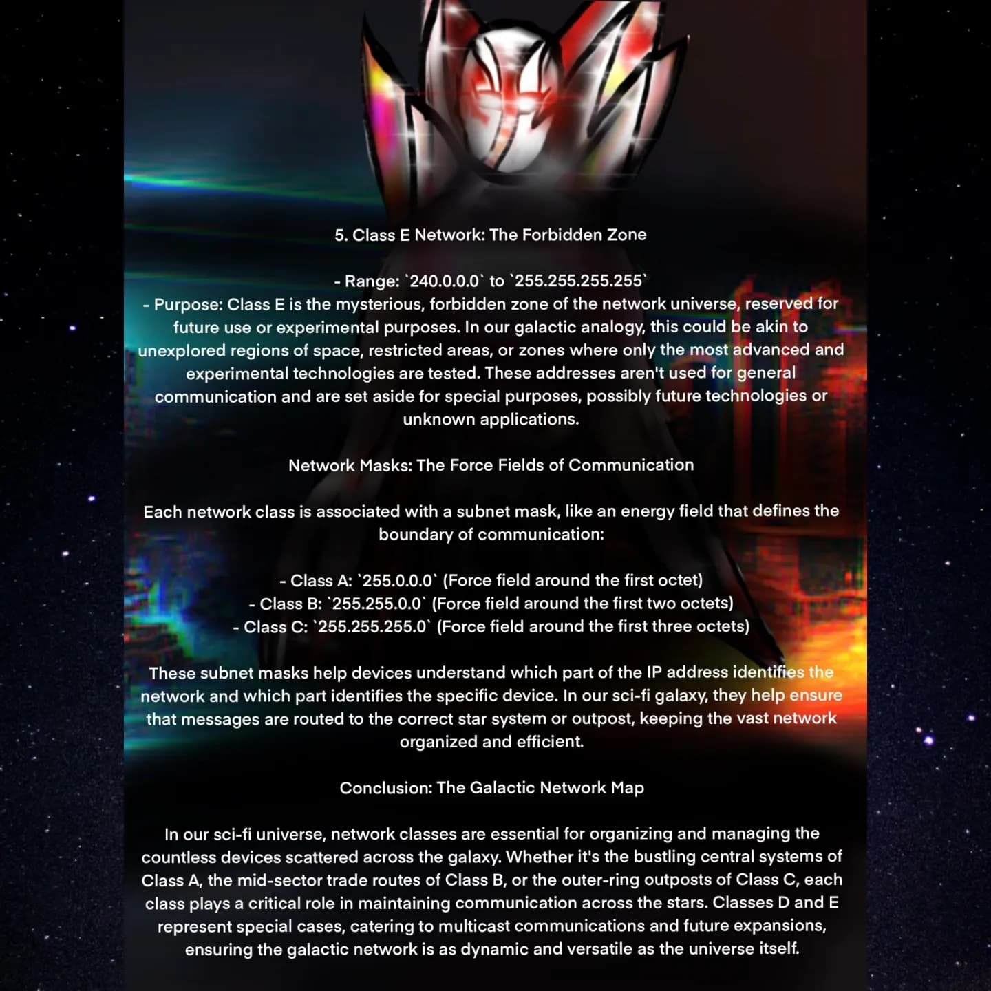Details on Class E networks, subnet mask analogies, and conclusion text
